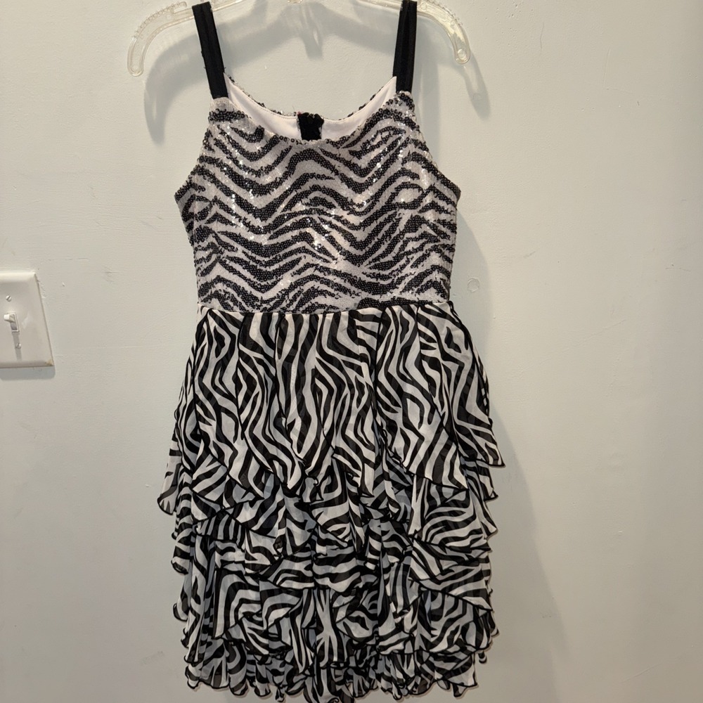 Rare Editions Girls Zebra Sparkle Sequin Tiered Skirt Spaghetti Strap Dress 14